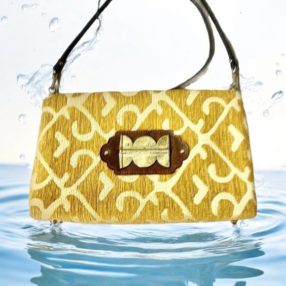 ADD LIBB Gold & Tan Tapestry Leather & Brass Clutch Shoulder Bag - Picture 8 of 9